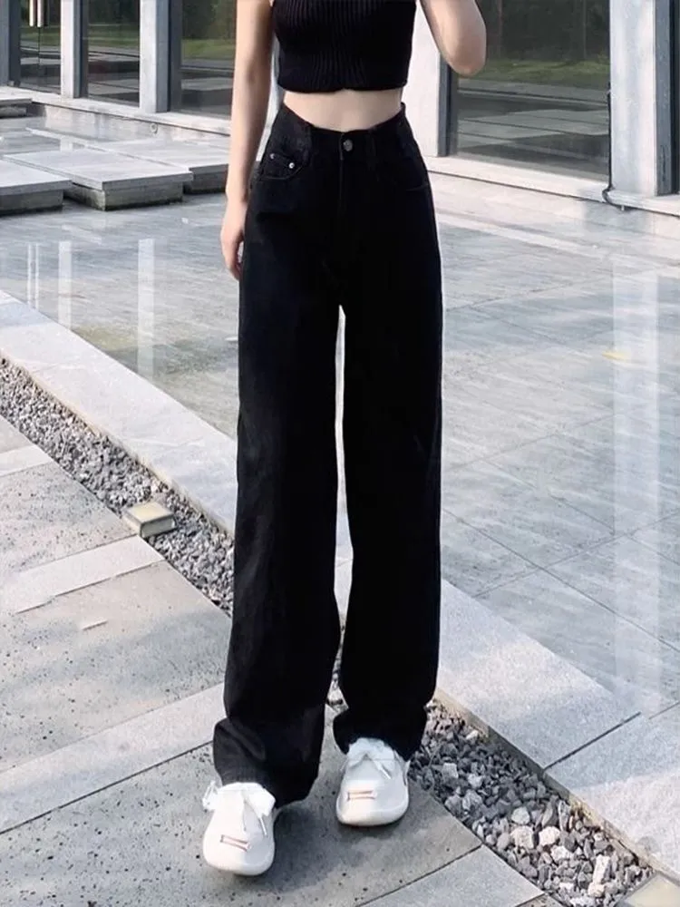 Women's Black Straight Leg Jeans Autumn 2024 Trendy High Waist Loose Slim Wide Leg Fashion Trousers for Stylish Ladies showcase 6