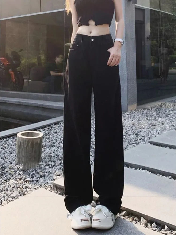 Women's Black Straight Leg Jeans Autumn 2024 Trendy High Waist Loose Slim Wide Leg Fashion Trousers for Stylish Ladies showcase 5