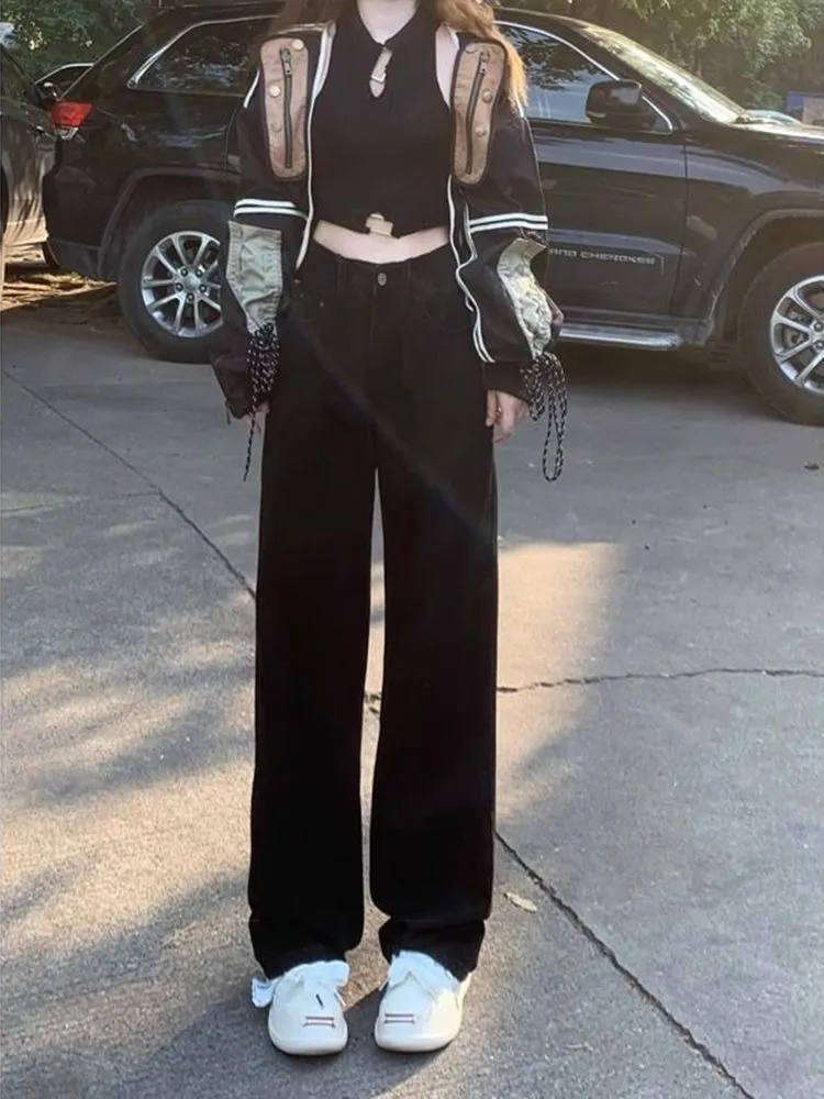 Women's Black Straight Leg Jeans Autumn 2024 Trendy High Waist Loose Slim Wide Leg Fashion Trousers for Stylish Ladies showcase 4