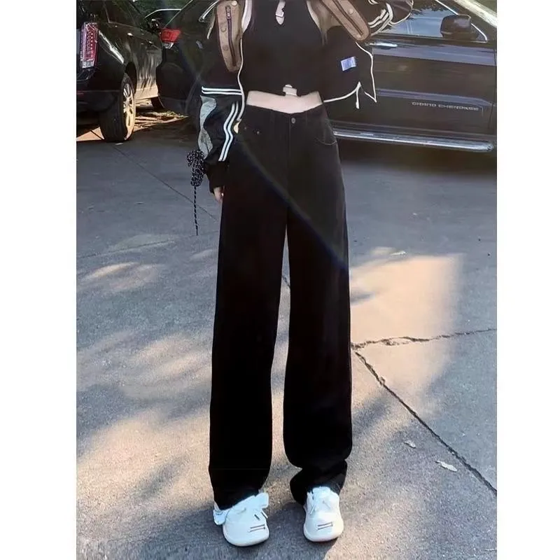 Women's Black Straight Leg Jeans Autumn 2024 Trendy High Waist Loose Slim Wide Leg Fashion Trousers for Stylish Ladies showcase 3