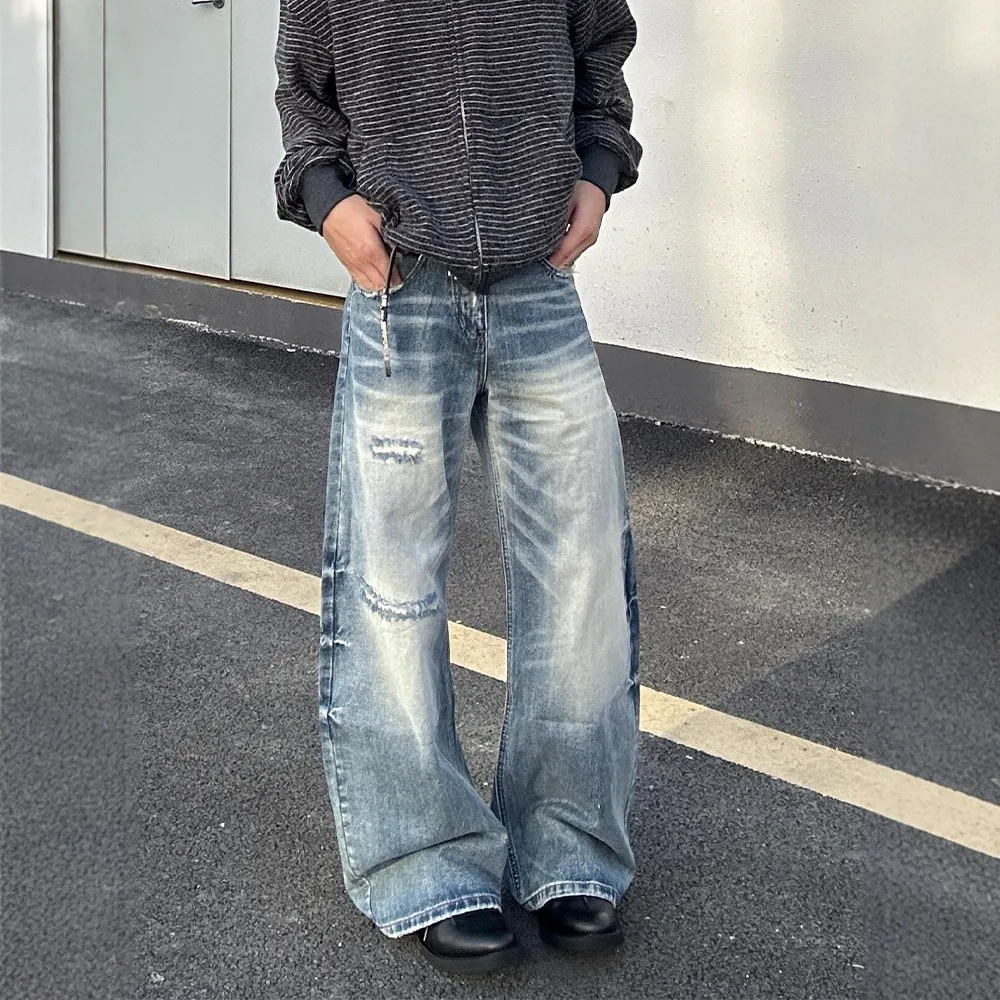 Plus Size Women's Retro Distressed Wide Leg Jeans - Trendy Brand Loose Slimming Casual Denim Pants thumbnail 3