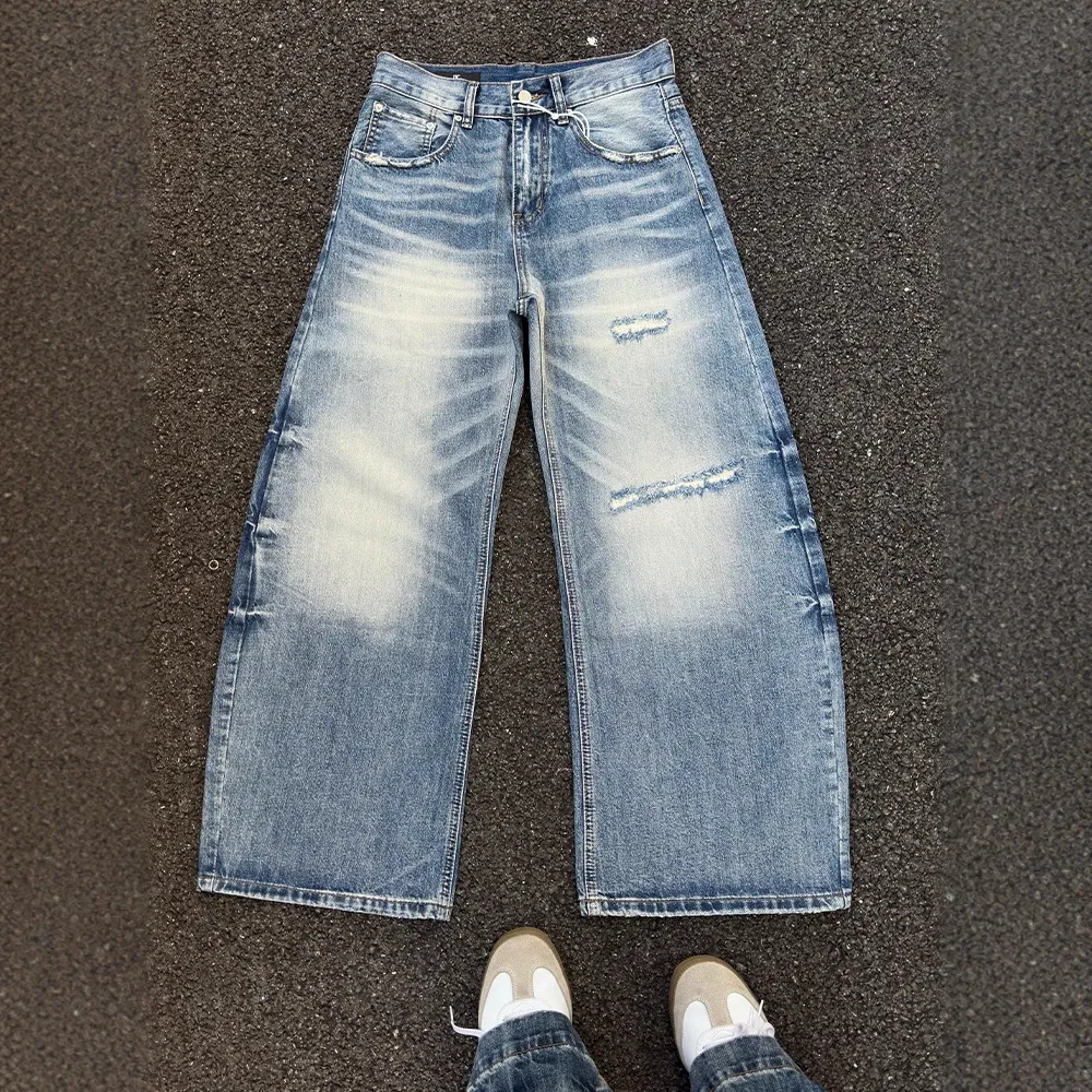 Plus Size Women's Retro Distressed Wide Leg Jeans - Trendy Brand Loose Slimming Casual Denim Pants thumbnail 5