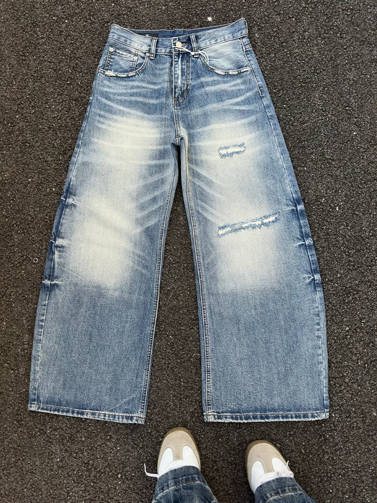 Plus Size Women's Retro Distressed Wide Leg Jeans - Trendy Brand Loose Slimming Casual Denim Pants showcase 6