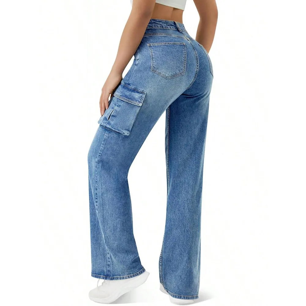 Women's Loose Fit Straight Leg Cargo Jeans - 2025 New Casual Long Pants with Large Pockets, European & American Style for Everyday Wear thumbnail 4