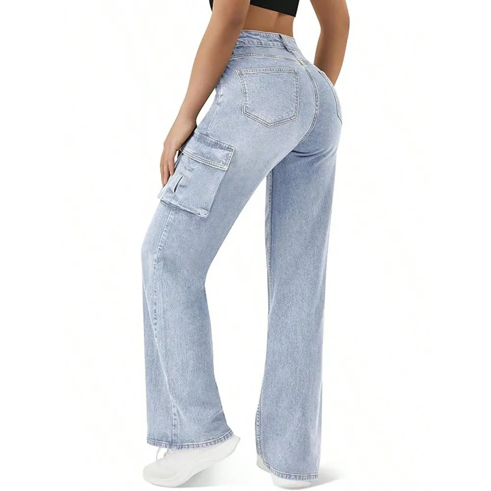 Women's Loose Fit Straight Leg Cargo Jeans - 2025 New Casual Long Pants with Large Pockets, European & American Style for Everyday Wear thumbnail 3