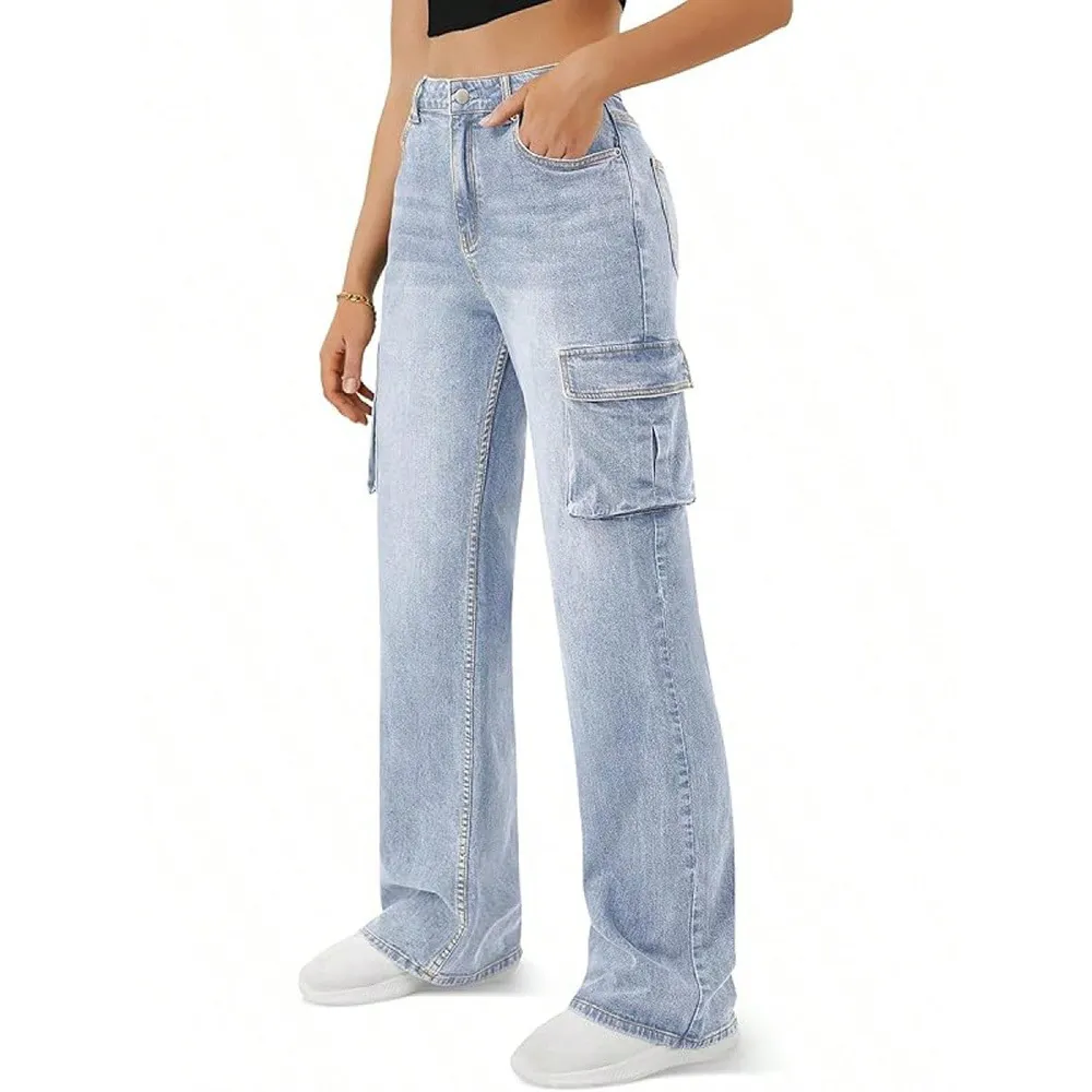 Women's Loose Fit Straight Leg Cargo Jeans - 2025 New Casual Long Pants with Large Pockets, European & American Style for Everyday Wear thumbnail 5