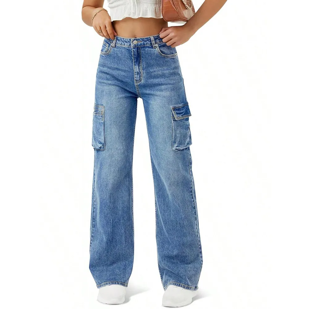 Women's Loose Fit Straight Leg Cargo Jeans - 2025 New Casual Long Pants with Large Pockets, European & American Style for Everyday Wear thumbnail 2