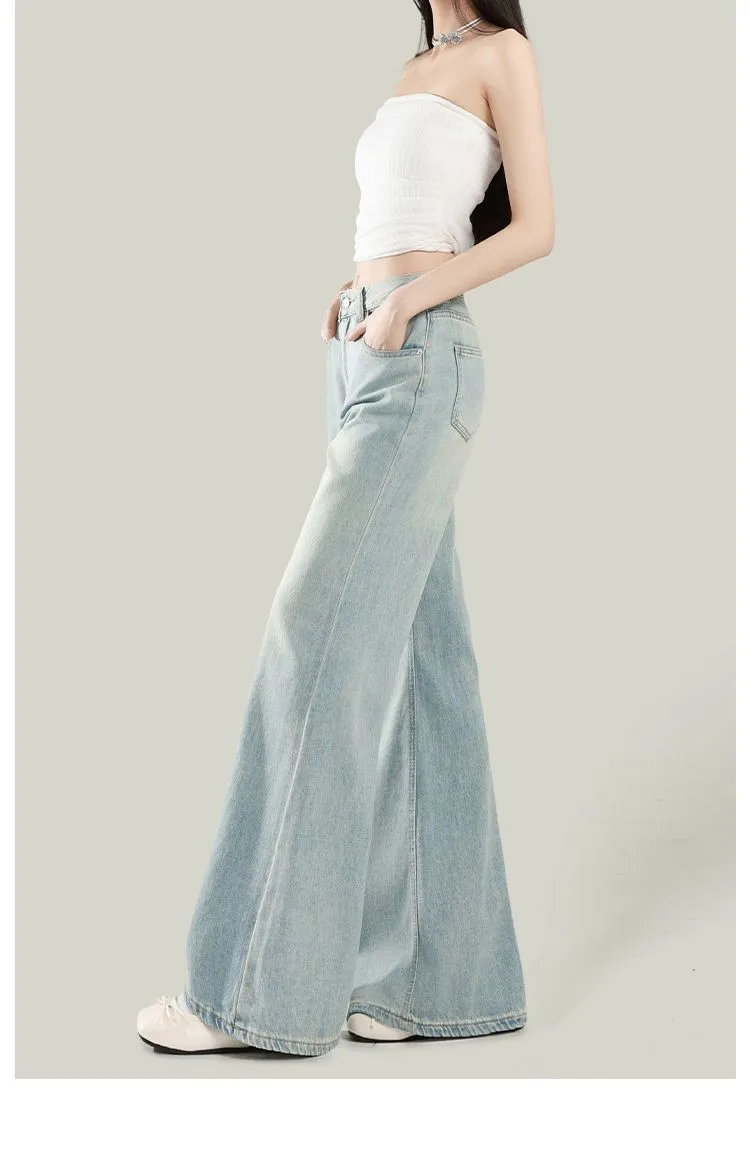 Women's Light Wash Wide-Leg Flared Jeans - 2025 Spring High-Waisted Loose Drape Versatile Floor-Length Pants for Fashionable Ladies showcase 9
