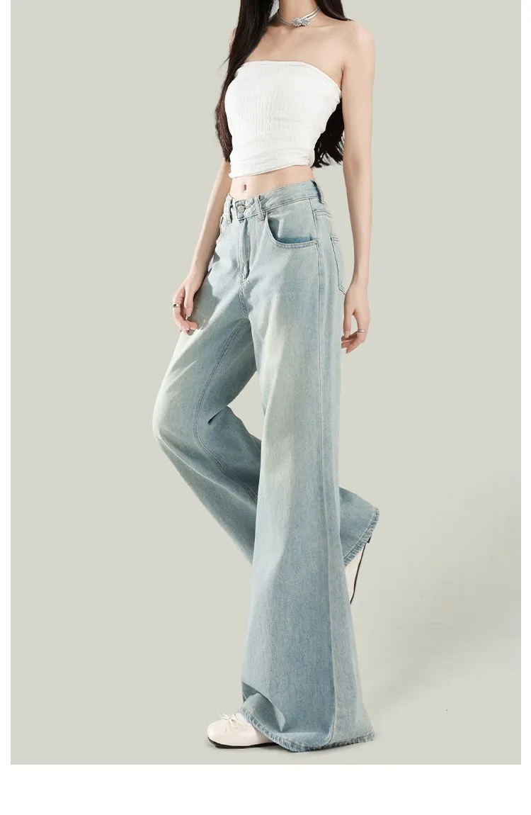 Women's Light Wash Wide-Leg Flared Jeans - 2025 Spring High-Waisted Loose Drape Versatile Floor-Length Pants for Fashionable Ladies showcase 14