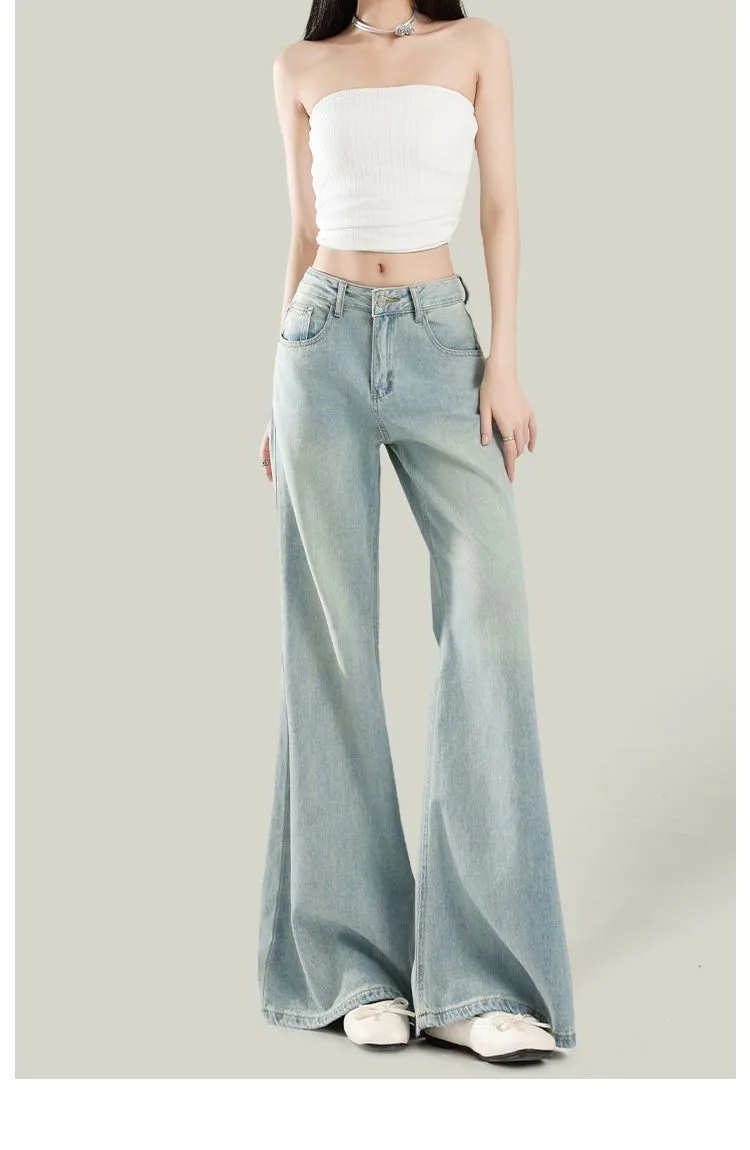 Women's Light Wash Wide-Leg Flared Jeans - 2025 Spring High-Waisted Loose Drape Versatile Floor-Length Pants for Fashionable Ladies showcase 12