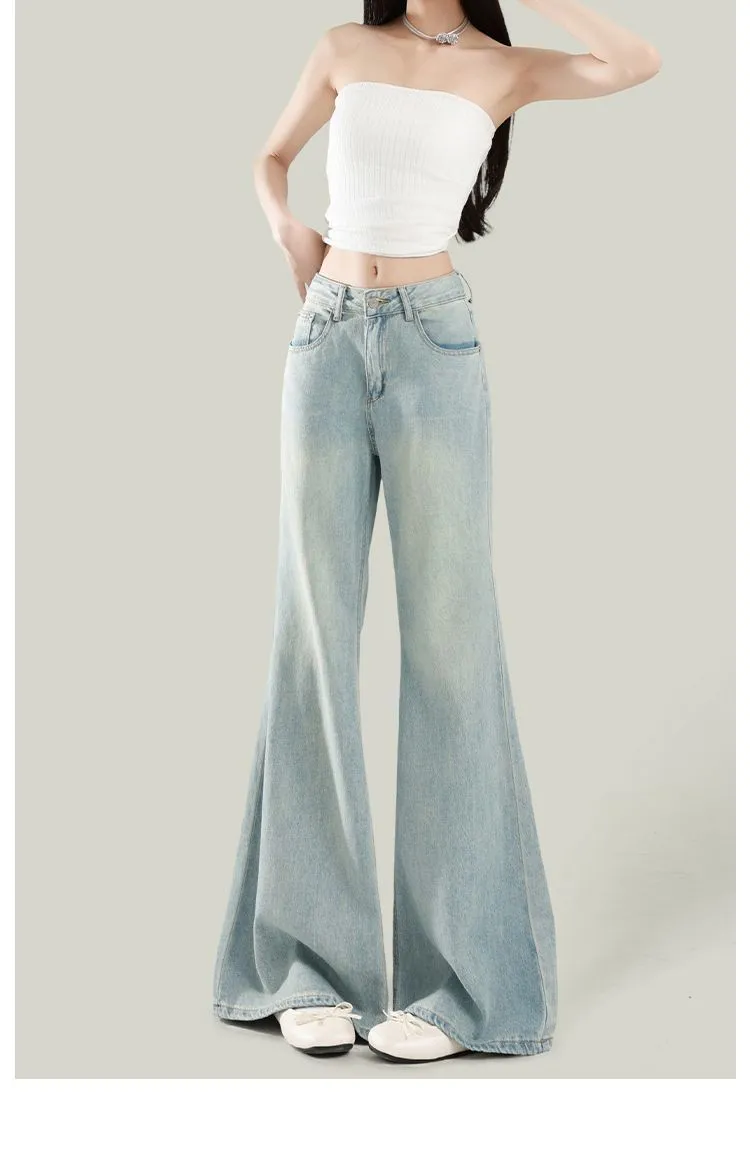 Women's Light Wash Wide-Leg Flared Jeans - 2025 Spring High-Waisted Loose Drape Versatile Floor-Length Pants for Fashionable Ladies showcase 10