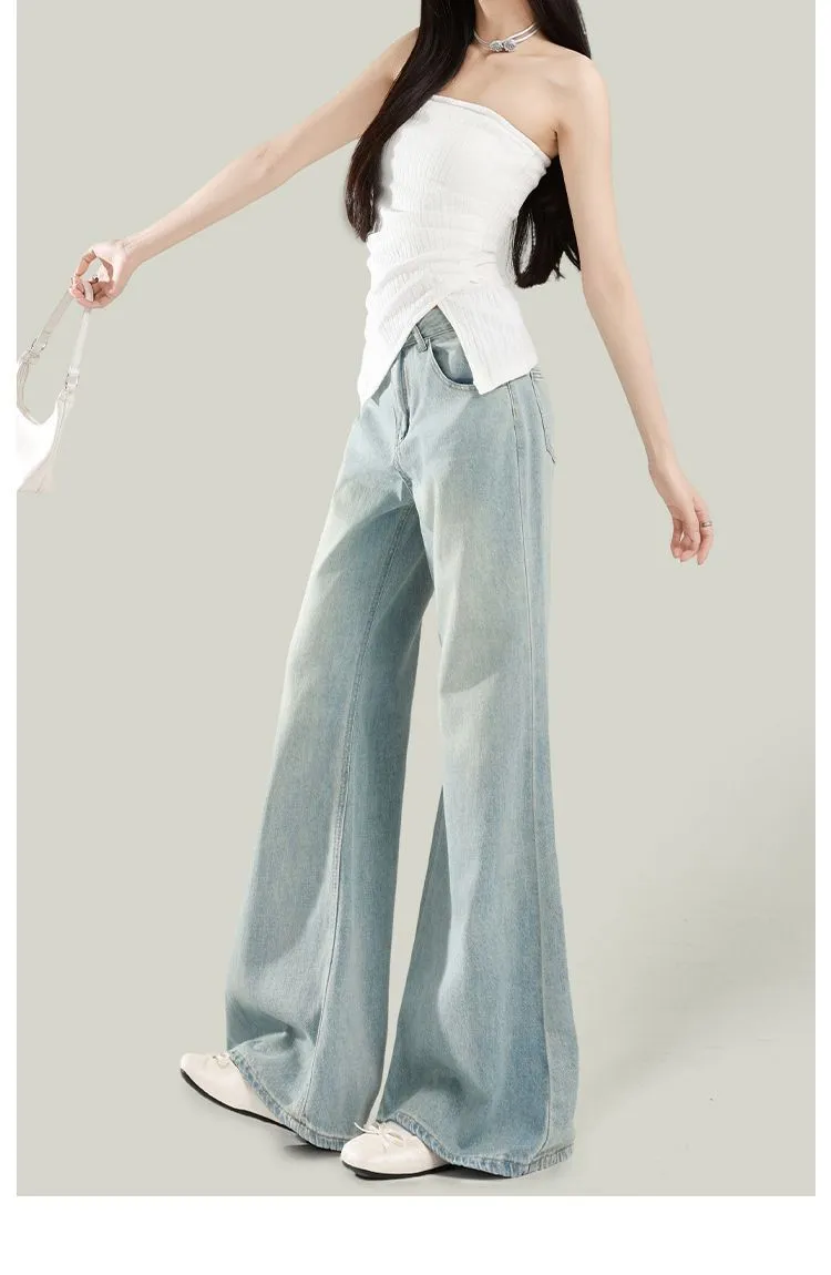 Women's Light Wash Wide-Leg Flared Jeans - 2025 Spring High-Waisted Loose Drape Versatile Floor-Length Pants for Fashionable Ladies showcase 13