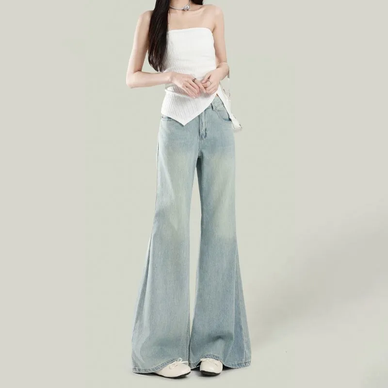 Women's Light Wash Wide-Leg Flared Jeans - 2025 Spring High-Waisted Loose Drape Versatile Floor-Length Pants for Fashionable Ladies - Image 1