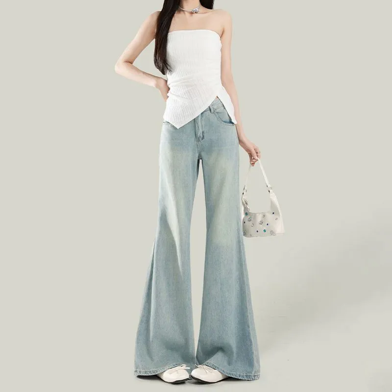 Women's Light Wash Wide-Leg Flared Jeans - 2025 Spring High-Waisted Loose Drape Versatile Floor-Length Pants for Fashionable Ladies - Image 2