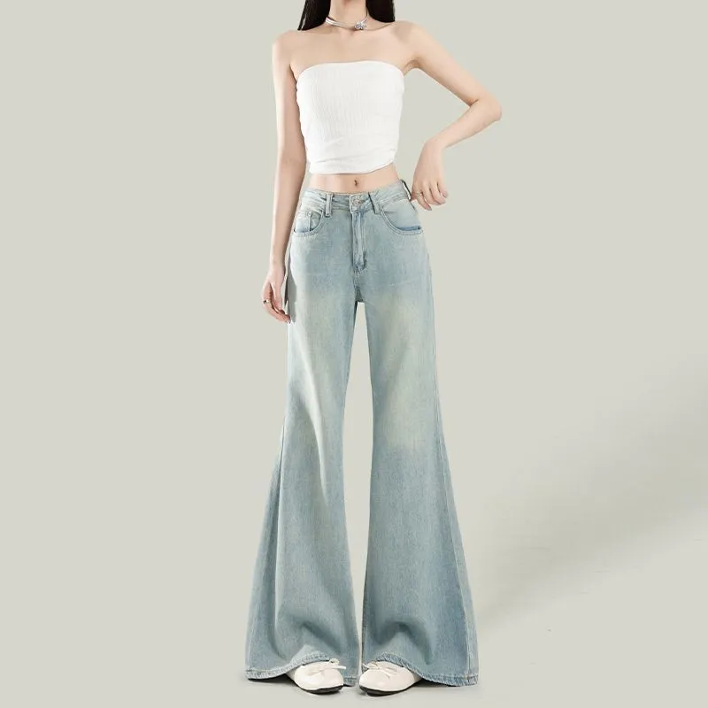 Women's Light Wash Wide-Leg Flared Jeans - 2025 Spring High-Waisted Loose Drape Versatile Floor-Length Pants for Fashionable Ladies - Image 4