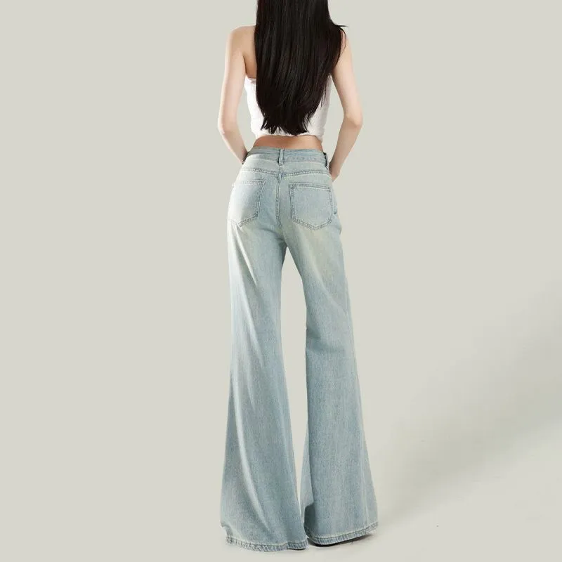 Women's Light Wash Wide-Leg Flared Jeans - 2025 Spring High-Waisted Loose Drape Versatile Floor-Length Pants for Fashionable Ladies - Image 5