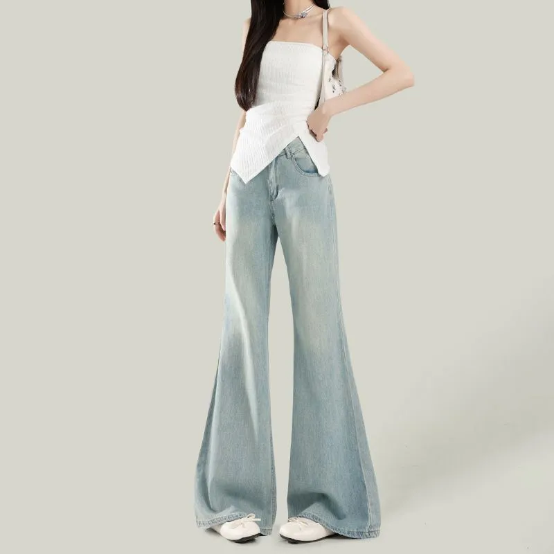 Women's Light Wash Wide-Leg Flared Jeans - 2025 Spring High-Waisted Loose Drape Versatile Floor-Length Pants for Fashionable Ladies - Image 3