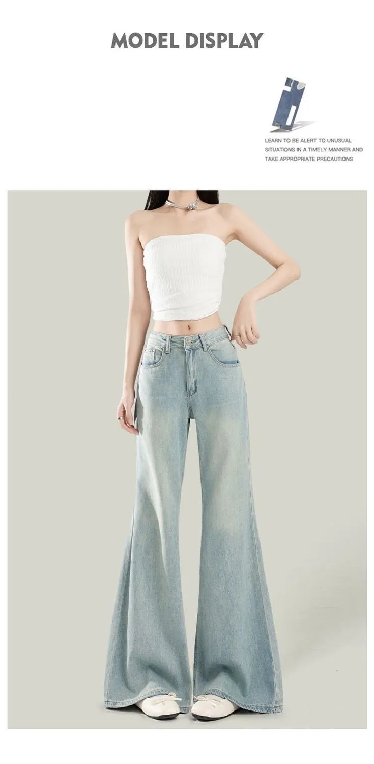 Women's Light Wash Wide-Leg Flared Jeans - 2025 Spring High-Waisted Loose Drape Versatile Floor-Length Pants for Fashionable Ladies showcase 8