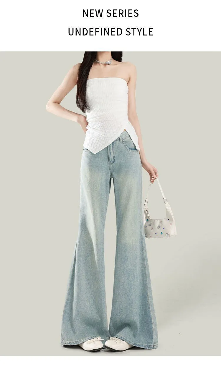 Women's Light Wash Wide-Leg Flared Jeans - 2025 Spring High-Waisted Loose Drape Versatile Floor-Length Pants for Fashionable Ladies showcase 1