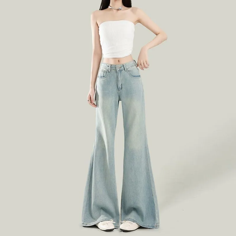 Women's Light Wash Wide-Leg Flared Jeans - 2025 Spring High-Waisted Loose Drape Versatile Floor-Length Pants for Fashionable Ladies - Image 6