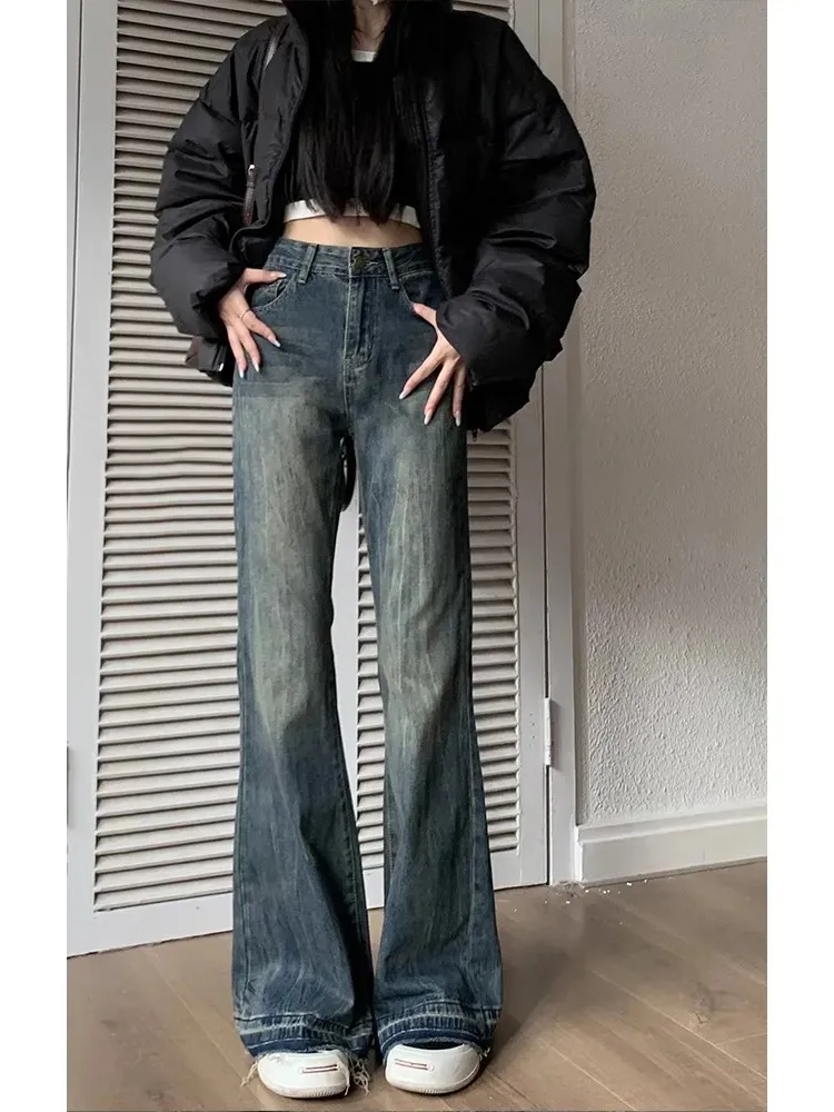 Women's Retro Straight-Leg Jeans - Autumn/Winter Loose Fit Wide-Leg Slim Versatile Micro-Flare Pants thumbnail 1