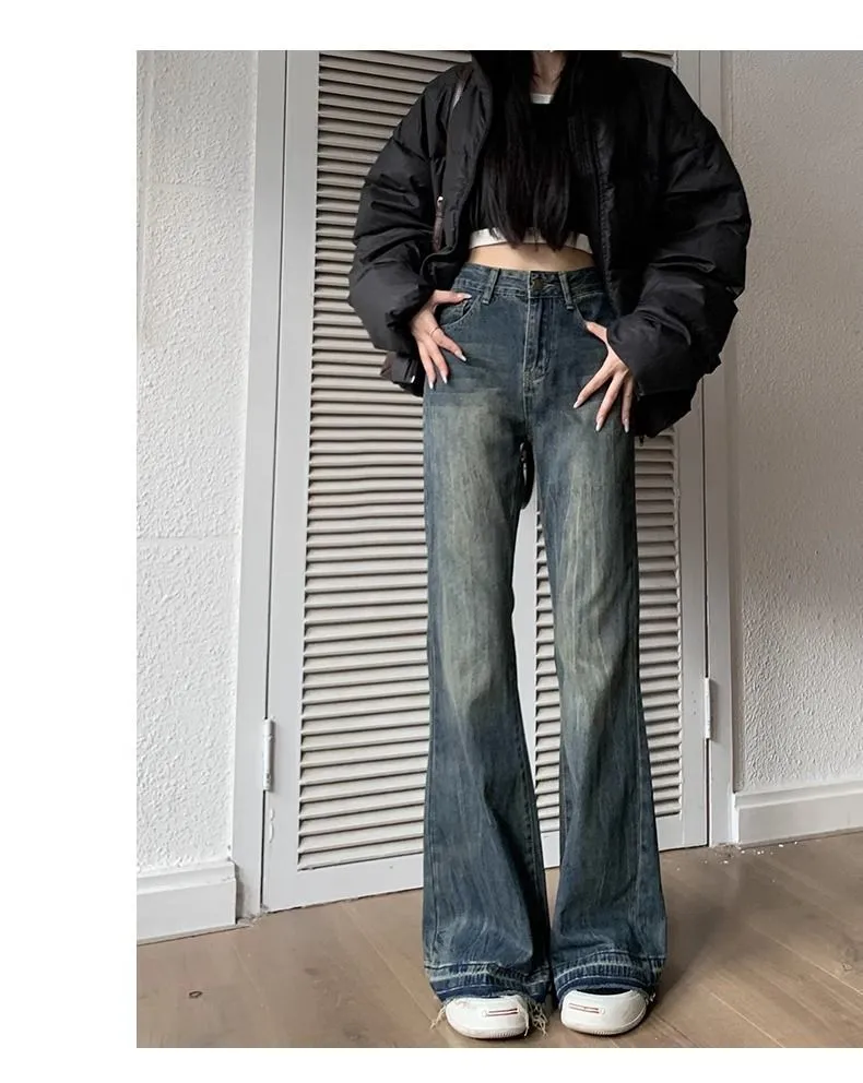 Women's Retro Straight-Leg Jeans - Autumn/Winter Loose Fit Wide-Leg Slim Versatile Micro-Flare Pants showcase 10