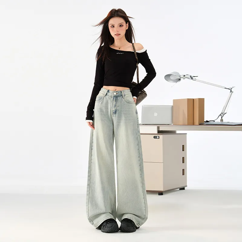 Women's Light Blue Loose Wide-Leg Jeans - Autumn High Street Style Draped Casual Pants for a Relaxed Fit thumbnail 1