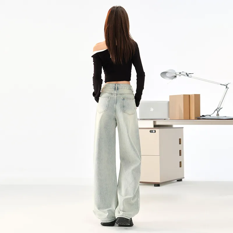 Women's Light Blue Loose Wide-Leg Jeans - Autumn High Street Style Draped Casual Pants for a Relaxed Fit thumbnail 4