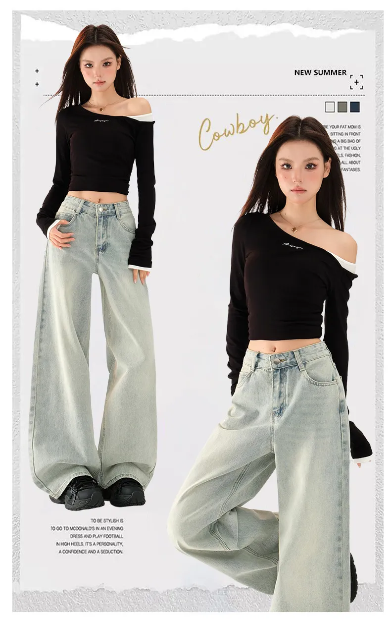 Women's Light Blue Loose Wide-Leg Jeans - Autumn High Street Style Draped Casual Pants for a Relaxed Fit showcase 2