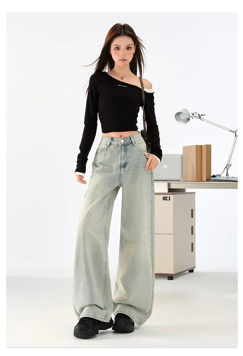 Women's Light Blue Loose Wide-Leg Jeans - Autumn High Street Style Draped Casual Pants for a Relaxed Fit showcase 11