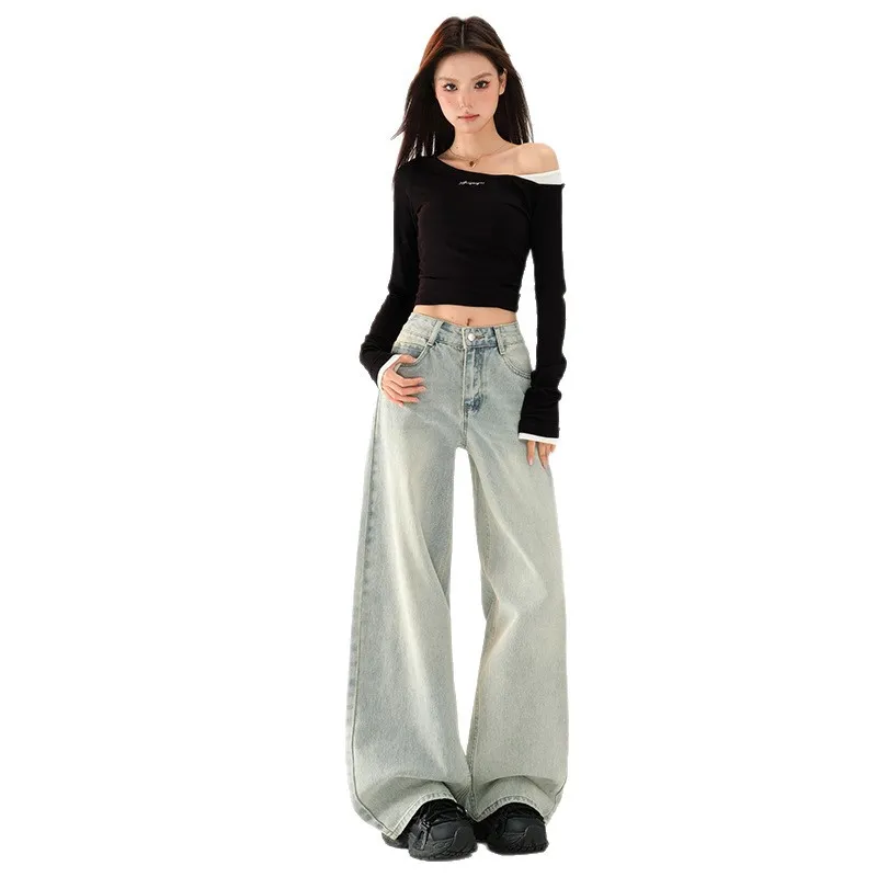 Women's Light Blue Loose Wide-Leg Jeans - Autumn High Street Style Draped Casual Pants for a Relaxed Fit thumbnail 5