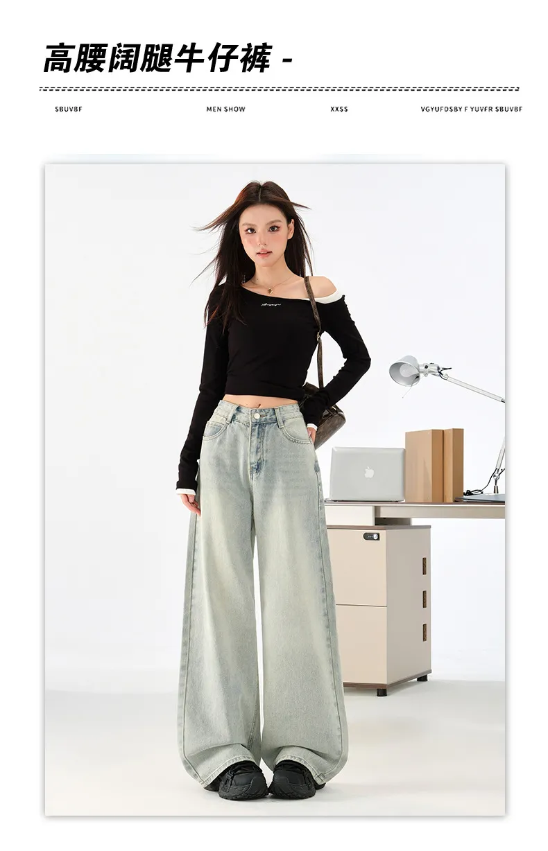Women's Light Blue Loose Wide-Leg Jeans - Autumn High Street Style Draped Casual Pants for a Relaxed Fit showcase 8