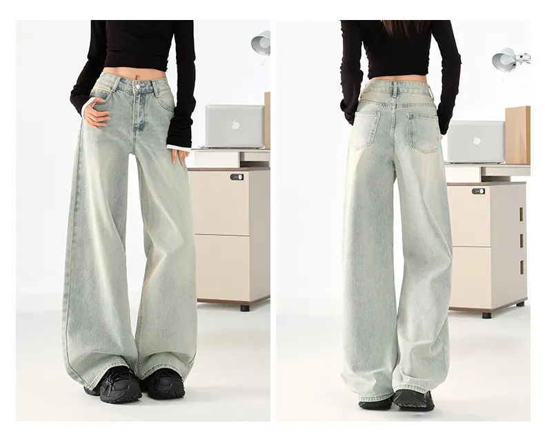 Women's Light Blue Loose Wide-Leg Jeans - Autumn High Street Style Draped Casual Pants for a Relaxed Fit showcase 14