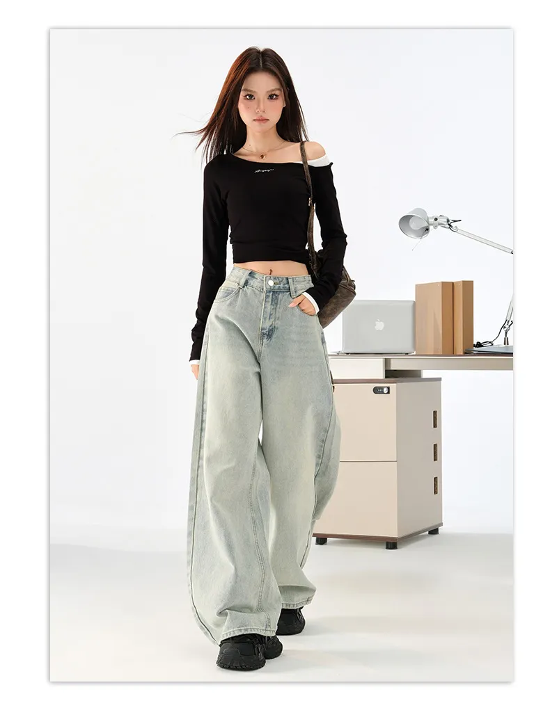 Women's Light Blue Loose Wide-Leg Jeans - Autumn High Street Style Draped Casual Pants for a Relaxed Fit showcase 12
