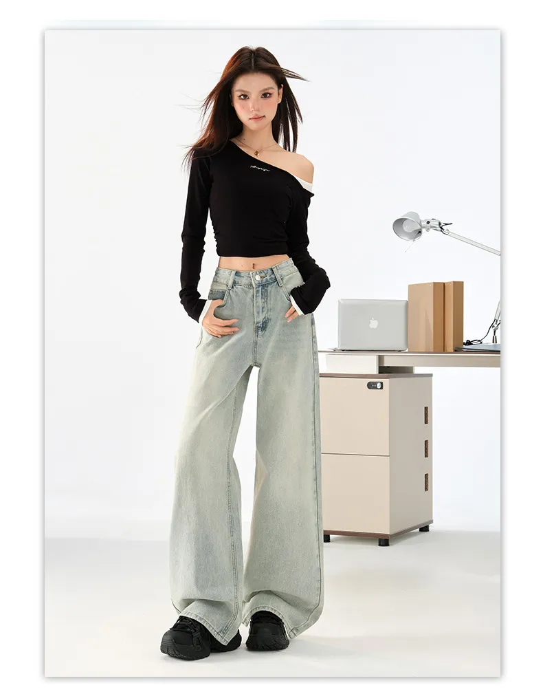 Women's Light Blue Loose Wide-Leg Jeans - Autumn High Street Style Draped Casual Pants for a Relaxed Fit showcase 16