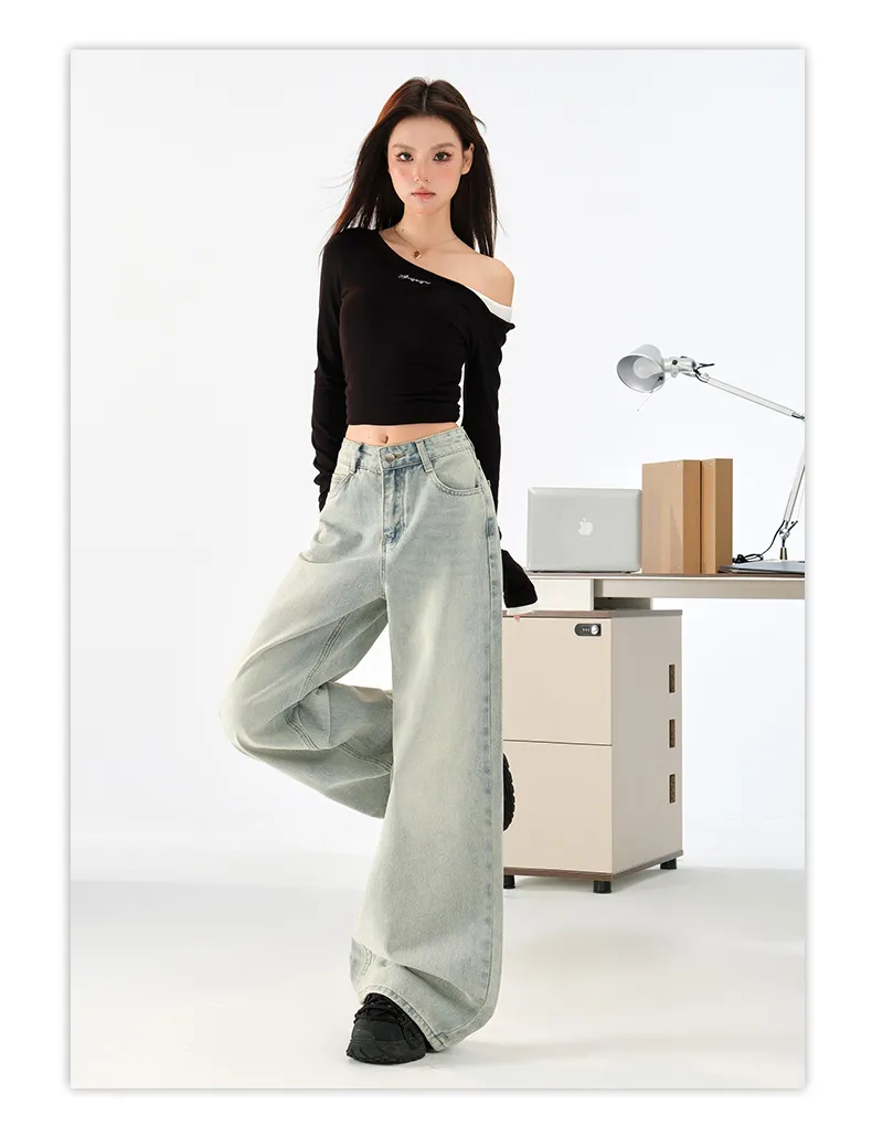 Women's Light Blue Loose Wide-Leg Jeans - Autumn High Street Style Draped Casual Pants for a Relaxed Fit showcase 17