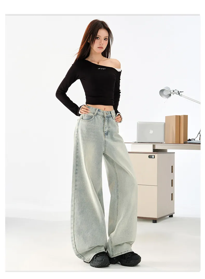 Women's Light Blue Loose Wide-Leg Jeans - Autumn High Street Style Draped Casual Pants for a Relaxed Fit showcase 18