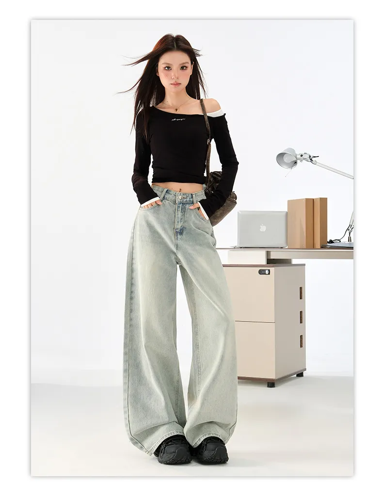 Women's Light Blue Loose Wide-Leg Jeans - Autumn High Street Style Draped Casual Pants for a Relaxed Fit showcase 10