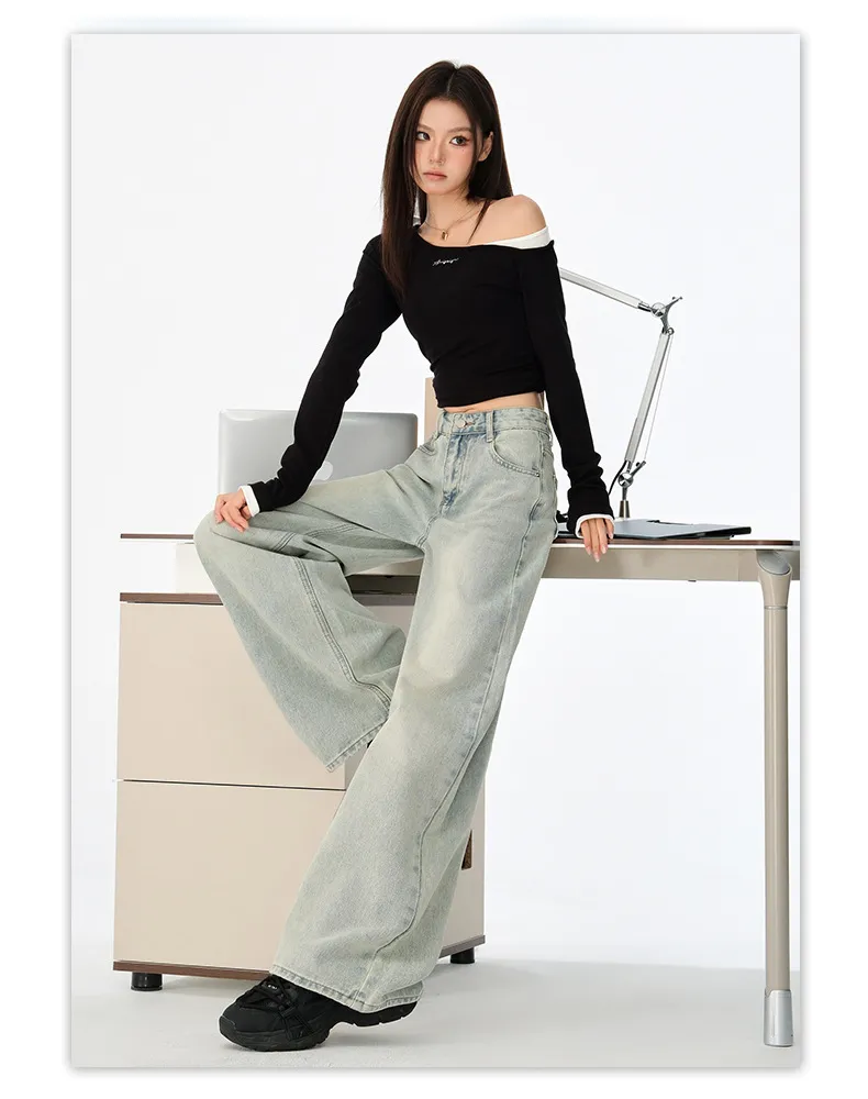 Women's Light Blue Loose Wide-Leg Jeans - Autumn High Street Style Draped Casual Pants for a Relaxed Fit showcase 20