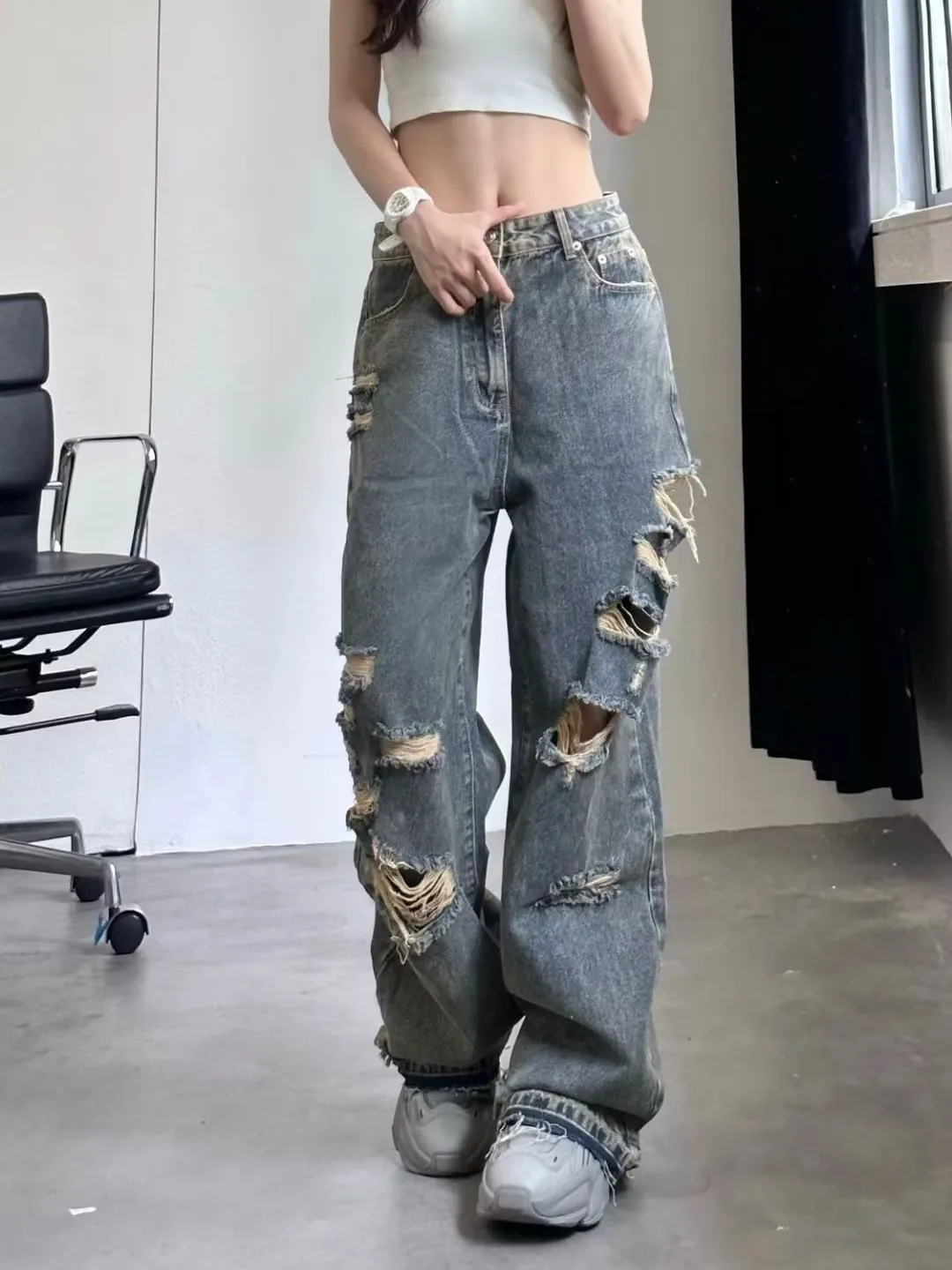 Trendy Loose Fit Ripped Jeans for Men & Women - Designer Inspired Wide Leg Pants, Personalized Streetwear Style showcase 4