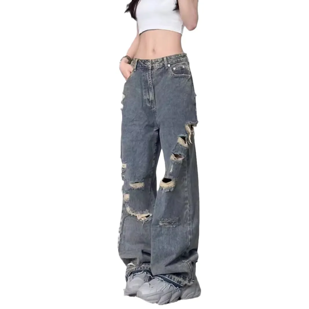 Trendy Loose Fit Ripped Jeans for Men & Women - Designer Inspired Wide Leg Pants, Personalized Streetwear Style thumbnail 5