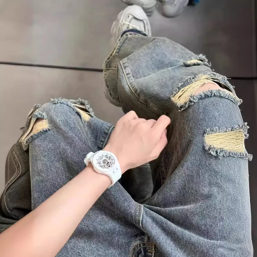 Trendy Loose Fit Ripped Jeans for Men & Women - Designer Inspired Wide Leg Pants, Personalized Streetwear Style thumbnail 4