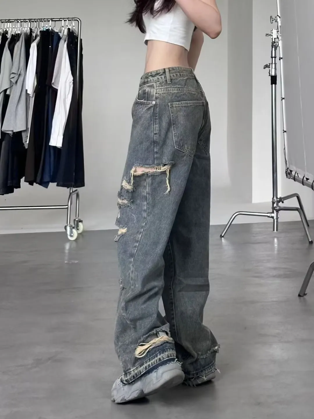 Trendy Loose Fit Ripped Jeans for Men & Women - Designer Inspired Wide Leg Pants, Personalized Streetwear Style showcase 9