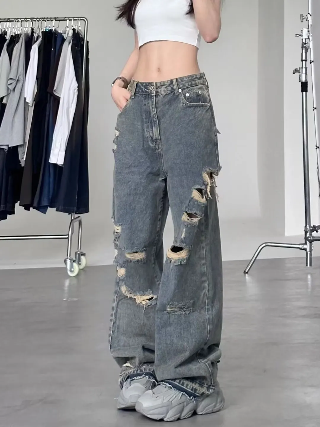 Trendy Loose Fit Ripped Jeans for Men & Women - Designer Inspired Wide Leg Pants, Personalized Streetwear Style showcase 6