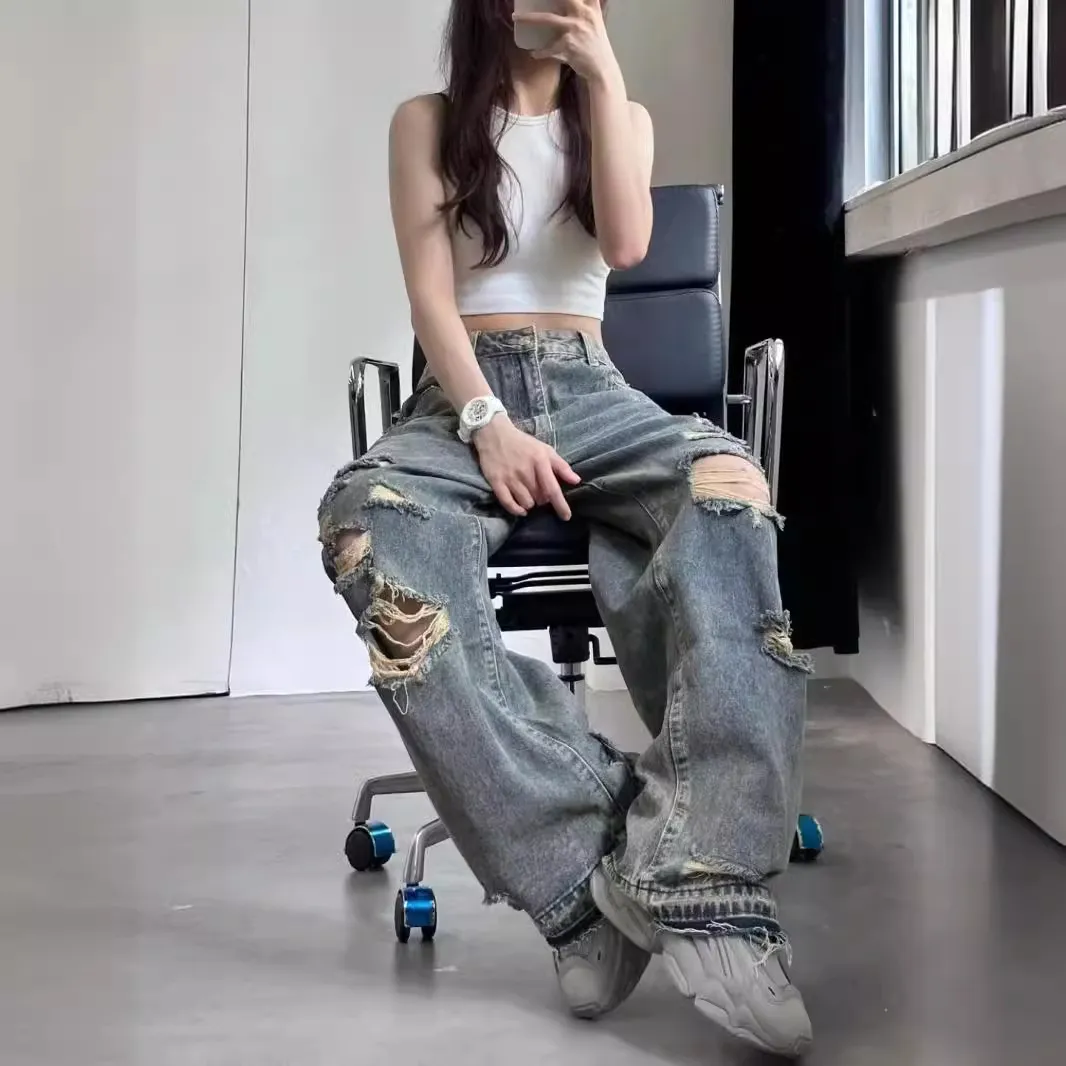 Trendy Loose Fit Ripped Jeans for Men & Women - Designer Inspired Wide Leg Pants, Personalized Streetwear Style thumbnail 1