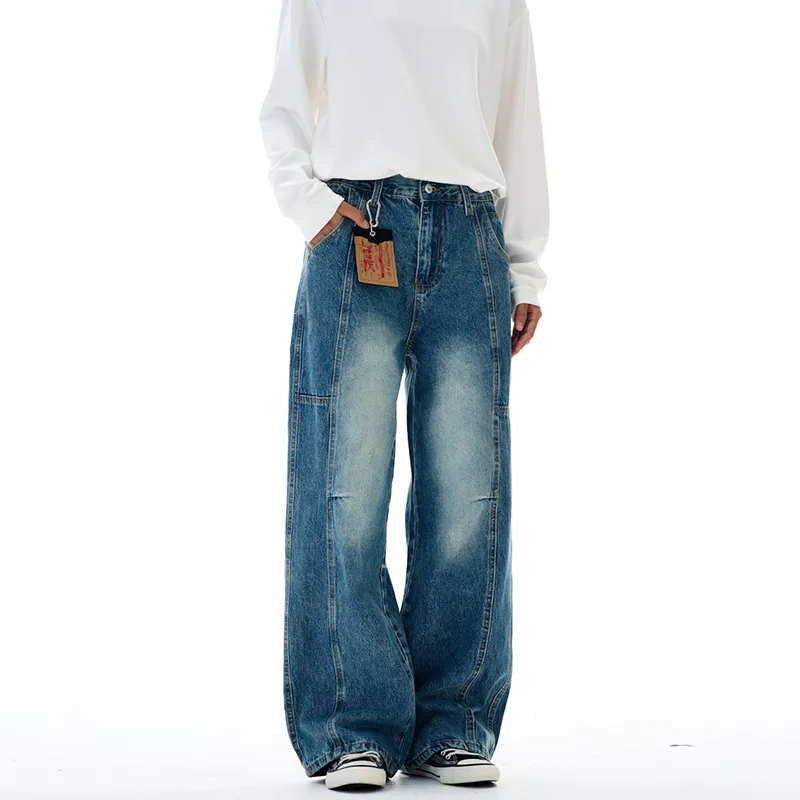 Muxi Fashion Brand Retro Deconstructed Wide-Leg Jeans for Men, Distressed Straight-Leg Denim Pants, Loose & Versatile Streetwear Style thumbnail 2