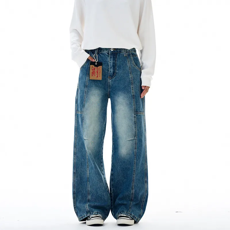Muxi Fashion Brand Retro Deconstructed Wide-Leg Jeans for Men, Distressed Straight-Leg Denim Pants, Loose & Versatile Streetwear Style thumbnail 4