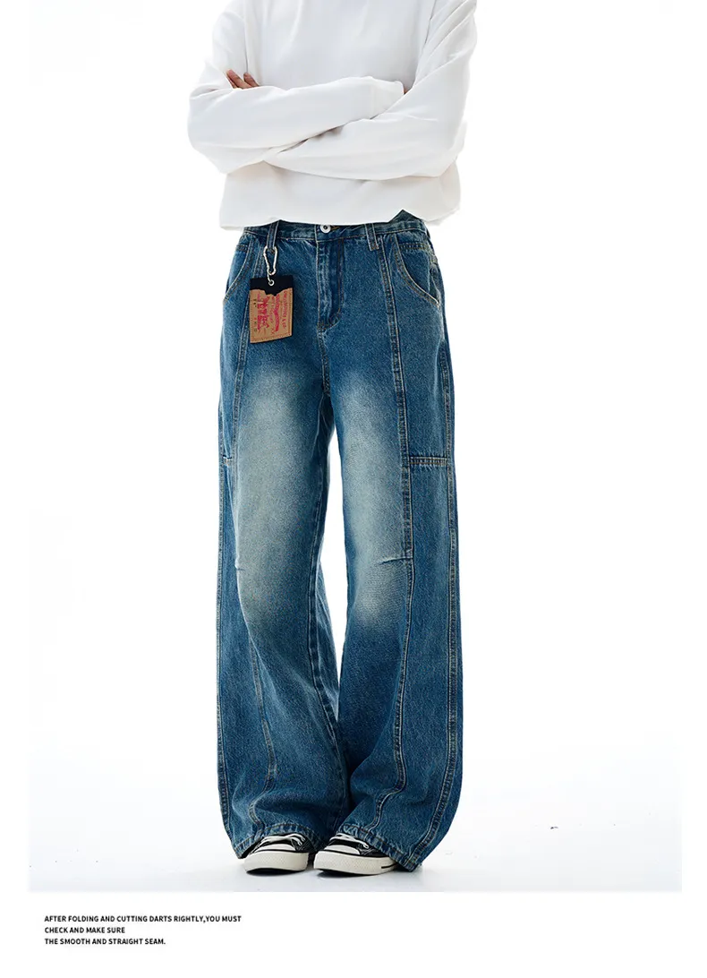 Muxi Fashion Brand Retro Deconstructed Wide-Leg Jeans for Men, Distressed Straight-Leg Denim Pants, Loose & Versatile Streetwear Style showcase 11