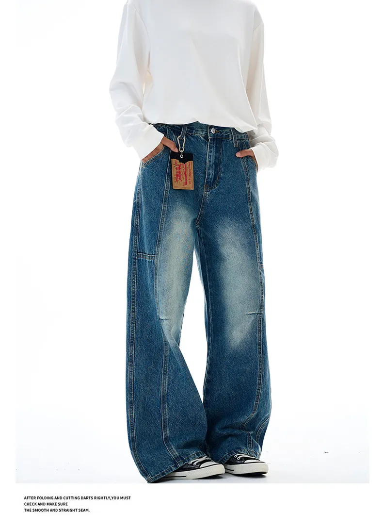 Muxi Fashion Brand Retro Deconstructed Wide-Leg Jeans for Men, Distressed Straight-Leg Denim Pants, Loose & Versatile Streetwear Style showcase 14