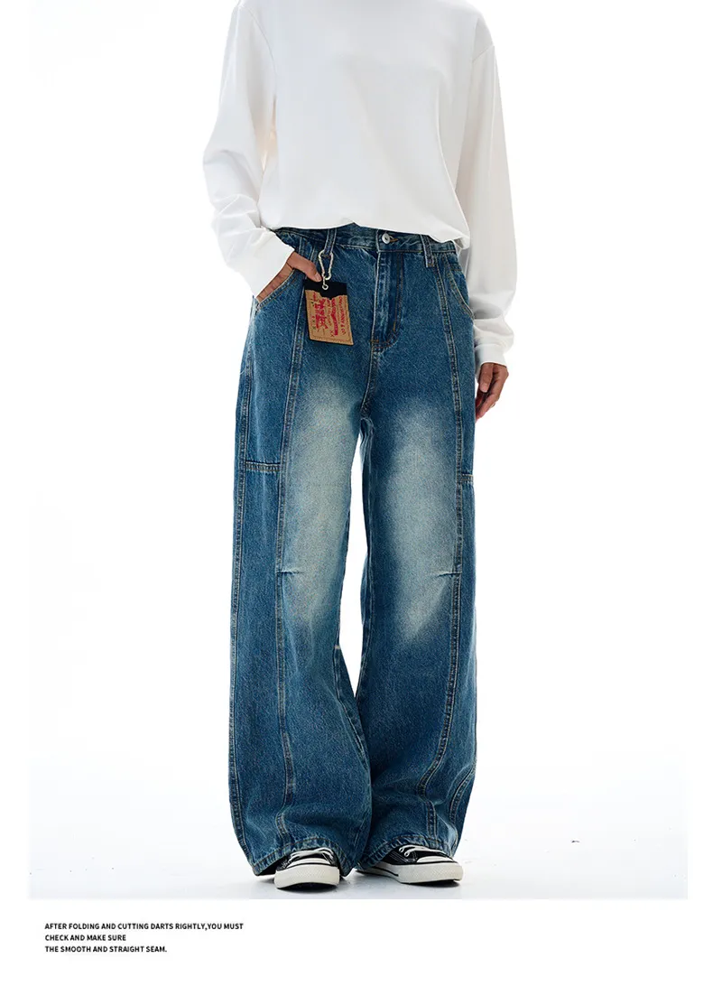 Muxi Fashion Brand Retro Deconstructed Wide-Leg Jeans for Men, Distressed Straight-Leg Denim Pants, Loose & Versatile Streetwear Style showcase 13